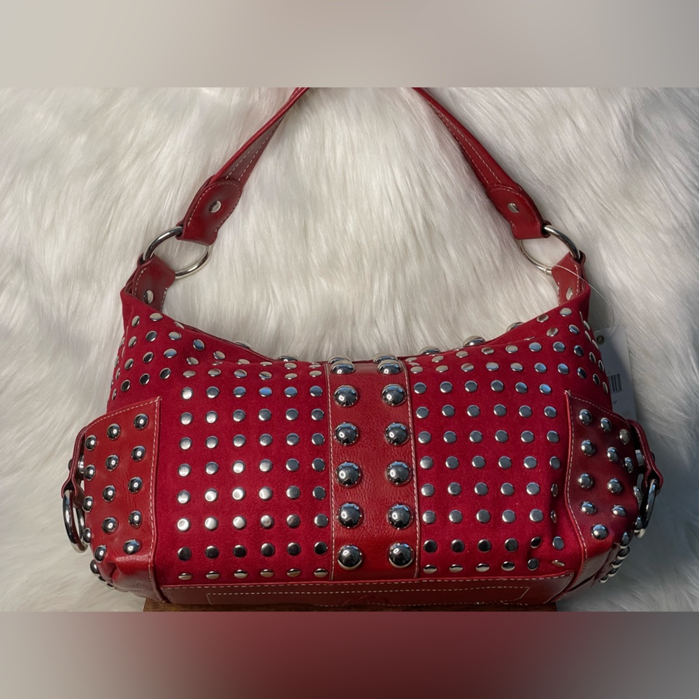 KATHY VAN ZEELAND Red Faux Suede w/Silver Tone Stud Detail Shoulder Bag - Picture 5 of 10